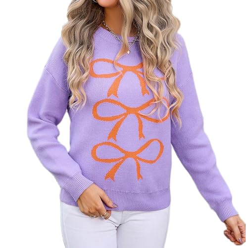 Image of Women Cute Bow Knit Sweater Y2k Long Sleeve Crew Neck Knitted Pullover Top Oversized Going Out Fall Winter Knitwear
