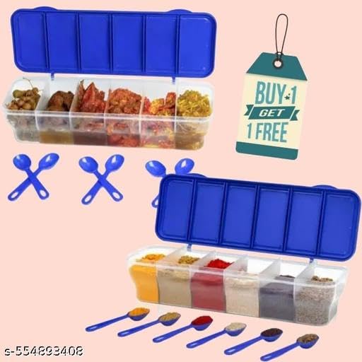 Image of Pack of 2 PCS Combo, Multipurpose 6-in-1 Masala Box for Kitchen| Airtight BPA-Free Plastic 6 Section Storage Container with Spoons, 1800 ml Transparent Pickle Spices|AP03