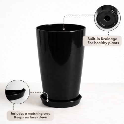 Image of Urban Upvan 18 Inch Solid Black Tower Pot with Tray - Large Round Planter for Indoor & Outdoor Plants, Durable Decorative Plant Container (Pack of 1)