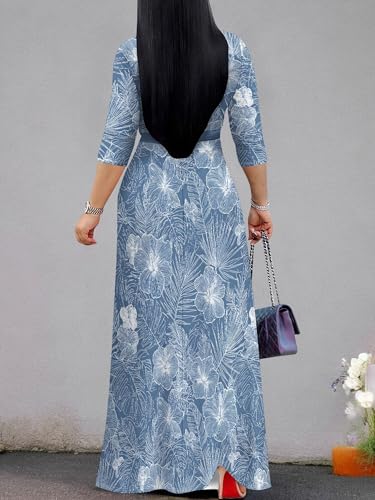 Image of PinkPatty Plus Size Maxi Dress for Women Casual V Neck 3 /4 Sleeve Boho Printed Long Dress with Pockets