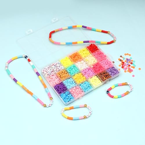 Image of ambitieux Diy Bracelet Making Kit - 6000+ Pcs 24 Colorful Clay Beads, 10M Elastic Thread, Jute Bag, And Cutter - Gift For Girls Birthdays (Clay Beads 1),Multicolor