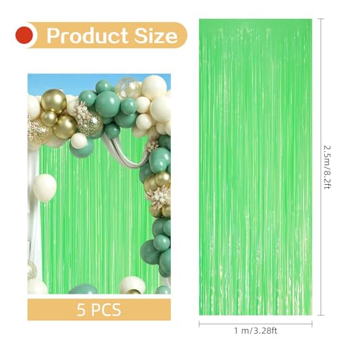 Image of 5 Pack Green Foil Curtain Backdrop 3.2ft x 8.2ft Tinsel Foil Fringe Curtains Macaron Photo Booth Streamer Backdrop for Party Decorations Birthday Baby Shower Bachelorette Holiday Decor (Pastel Green)