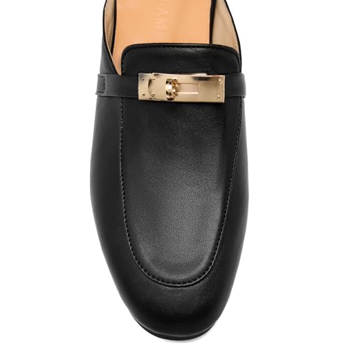 Image of Design Mules for Women, Almond Toe Slip-On Flats, Backless Loafers with Matal Buckle, Comfort Casual & Dressy Shoes