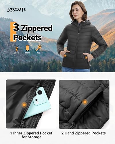 33,000ft Women's Hooded Packable Puffer Jacket Lightweight Warm Puffy Quilted Winter Coat2