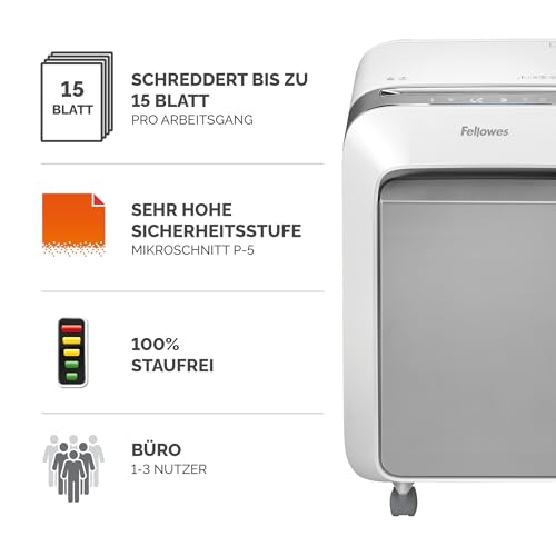 Aktenvernichter mit Sicherheitsstufe 5 von Fellowes für 15 Blatt
