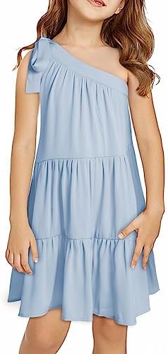 blibean Girl Strap Dress Summer Cold One Shoulder Sun Dresses Boho Tween Kid Outfit Solid Clothes Swing Party Cocktail Sundress Size 6-7 Years Old Blue