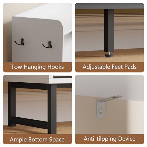 Image of Shoe Cabinet with 4 Flip Drawers, Freestanding Hidden Shoe Storage Organizer for Entryway, Narrow Slim Shoe Rack Cabinet with Open Storage & Hooks for Front Door Entrance, Living Room, Hallway, White