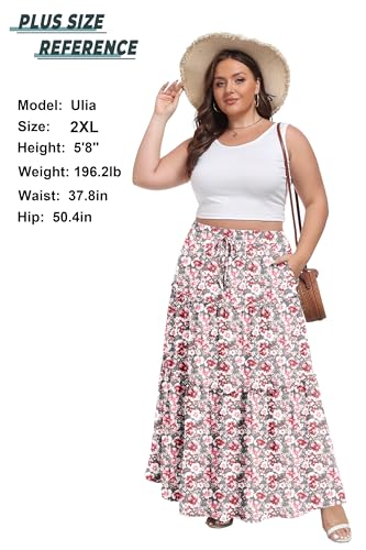 Image of Lepunuo Womens Casual Boho High Waisted Flowy Maxi Skirts Tiered Floral Long Skirts with Pockets for Summer Beach Vacation