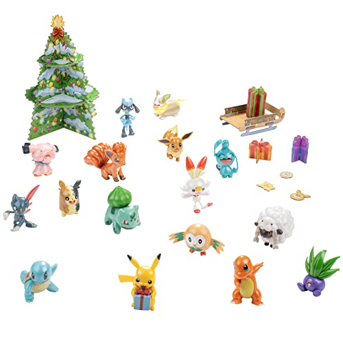 Pokemon 2021 Urlaub Adventskalender für Kinder, 24 Geschenkteile – Enthält 16 Spielzeugfiguren & 8 Weihnachtsaccessoires – ab 4 Jahren