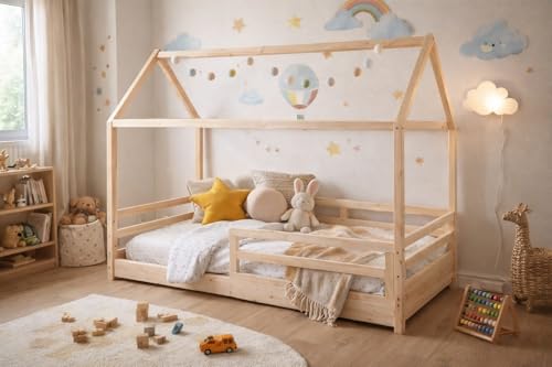 Lit Cabane en Bois de Pin Naturel pour Enfant, 90x190 cm, Style Montessori avec Barrières de Sécurité, Design Maison Tente