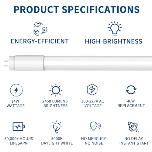 JESLED 4 Pack T8 LED Tube Lights 4FT, Fluorescent Replacement, 48 Inch, 14W, 2450LM, 5000K Daylight, Single or Double End Power, Type A+B, Plug and Play or Ballast Bypass, Frosted by JESLED - Image 2