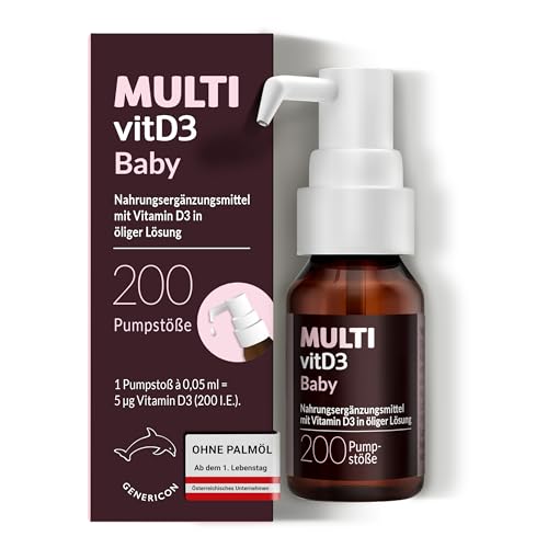 MULTIvitD3 Baby Vitamin D3 in praktischer Dosierpumpe für Babys & Kleinkinder ab dem 1. Tag für normales Knochenwachstum & Immunsystem palmöl- gluten- & laktosefrei vegetarisch 200 Pumpstöße
