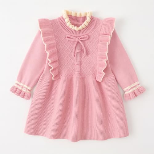 Image of Bold N Elegant Girls Winter Woolen Sweater Dress with Ruffles & Bow | Full Sleeve Woolen Warm Dress for Infant Toddler Baby Girls