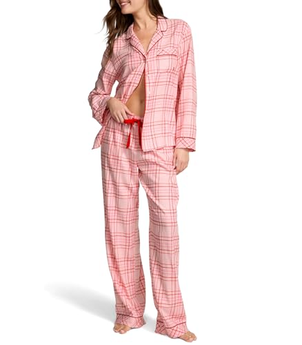 Victoria's Secret Flannel Pajamas, Long Sleeve Button Down & Pant Set, Sleepwear for Women, Red Plaid, M