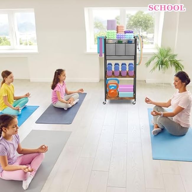 Yoga Mat Storage Rack Home Gym Equipment Yoga Mat Holder for Yoga Mat Dumbbells Kettlebells Foam Roller Yoga Strap Workout Equipment Storage Organizer with Hooks Wheels, Rustic Brown