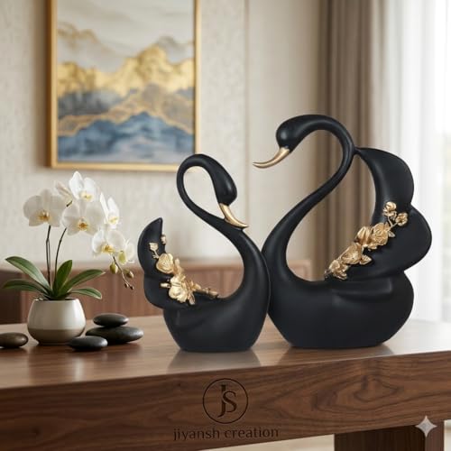 Image of JIYANSH Creation Duck Swan Pair Figurine - Feather Design Black Sculpture for Home Decor Living Room Table - Antique Showpiece Pack of 1 (Black Swan)