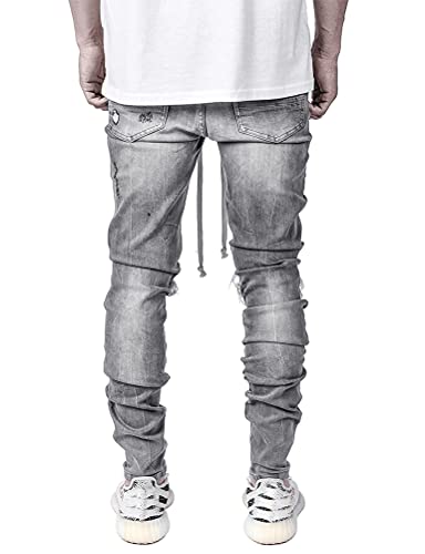 IDEALSANXUN Mens Ripped Stretch Jeans Casual Slim Fit Distressed Plaid Pattern Skinny Biker Jeans4