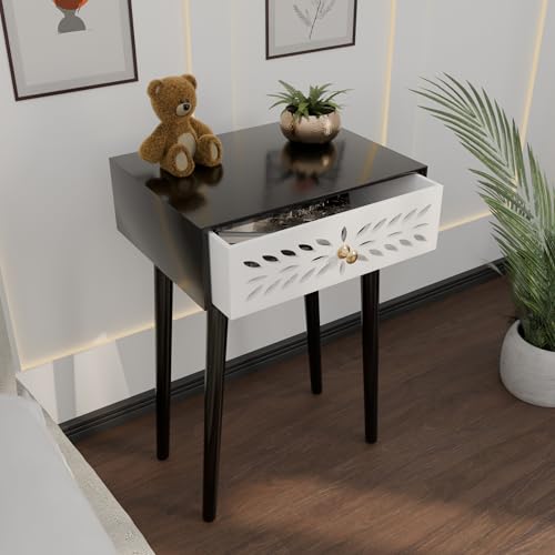Image of Ereteken ART Nightstand Bedroom Carved Beside Table Made of MDF, Night Stand with 1 Drawers end Table for Bedroom /Living Room-White (Black)