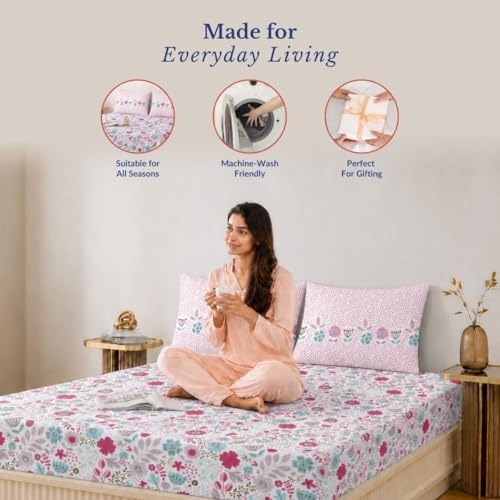 Image of Jaipur Weaves King Size Elastic Fitted Bedsheet, 100% Pure Cotton King Size Fitted Bedsheet for Double Bed with 2 Pillow Covers, 240 TC, 72x78 Inches up to 8-inch Mattress, Floral (Pink Harmony)