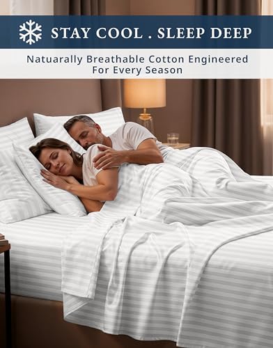 Image of LANE LINEN Striped Sheets Set - 100% Egyptian Cotton 4 Piece Bed for King Size Hotel Bedding & Pillowcases 16 inch Deep Pocket (Fits Upto 17 inch Mattress) White