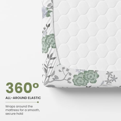 Image of LORETO - A QUALITY LINEN BRAND 144 TC 100% Pure Cotton Single Fitted Bedsheet with 1 Pillow Cover for 72 x 36 Inch Mattress, All-Around Elastic, 8 Inch Deep Pocket, Sage Green Floral Harmony