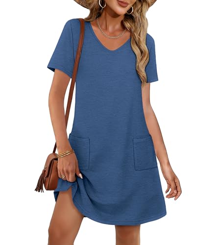 Image of CHICGAL Summer Dresses for Women V Neck Short Sleeve Casual Loose T Shirt Sundress Beach Cover Ups with Pockets 2026