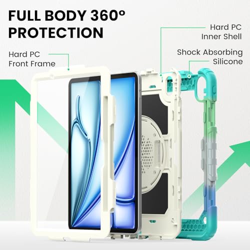 Image of SEYMAC Kids Case for iPad Air 11 Inch M4 / M3 / M2 (2026 /2025 / 2024), Heavy Duty Shockproof Protective Case with Screen Protector, Rotating Stand and Hand /Shoulder Strap, Colorful Blue