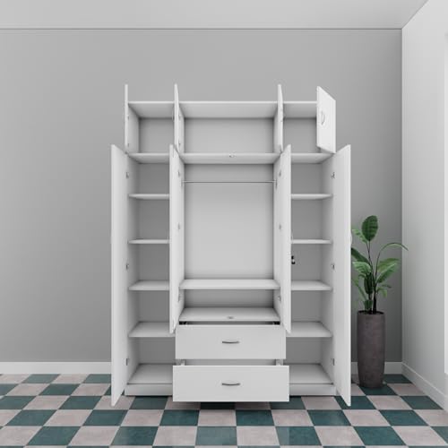 Image of VIKI Wardrobe | Wooden Almirah for Clothes,Door for Bedroom with Loft, 4 Door Wardrobe with Drawer & Hanging Space (Frosty White - 40D x 160W x 220H) | 1 Year Warranty | Free Assembly