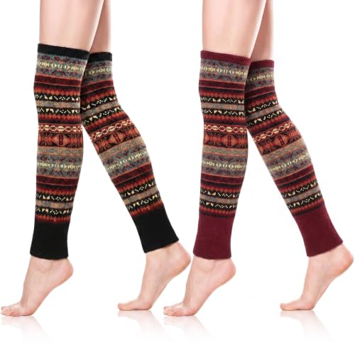 Image of SATINIOR 2 Pairs Bohemian Leg Warmers for Women Wool Blend Knit Knee High Boot Cuffs Long Winter Warm Thermal Socks (Black,Burgundy)
