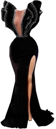 Velvet Prom Dresses Beaded Ruffle Sleeves Pageant Celebrity Gala Split Evening Party Gown