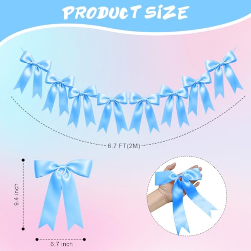 Image of 1 String of 8PCS Blue Bow Garland Banner Decoration,Pre-Strung Satin Ribbon Ornaments for Birthday,Bachelorette Party,Bridal Shower,Wedding,Engagement,Baby Shower,Graduation Decor,Anniversary