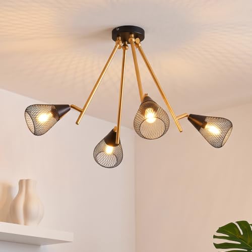Image of ANWIO Semi Flush Mount Ceiling Light, 4 Way Adjustable Spotlights, Industrial Black Metal Cage Chandelier, E14 Base DIY Kitchen Lighting, Modern Lamp for Living Room Bedroom Hallway (No Bulb)