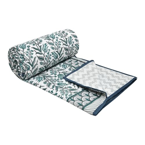 Image of BLOCKS OF INDIA 100% Cotton Dohar King Size Reversible Hand Block Printed Malmal Summer Dohar /Blanket (Green BEL)