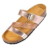 Marke: Palado Palado Damen Keil-Pantoletten Chios - Outdoor Hausschuhe mit verstellbarem Riemen - Sandalen mit Sohle aus feinstem Veloursleder - Schuhe mit Natur Kork-Fußbett Metallic Rose 42 EU