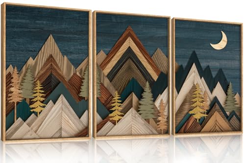 Image of HPINUB Mountain Woodcut Style Framed Canvas Wall Art Set,Vintage Pine Tree Wall Decor, Nature Country Wilderness Forest Artwork,Modern Navy Blue Art Prints for Living Room,Bedroom,Farmhouse-16 x24 x3