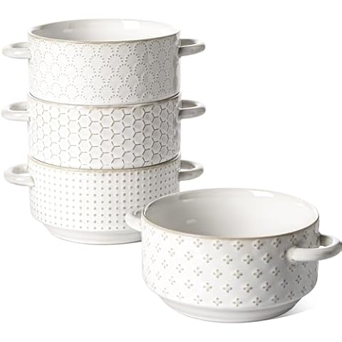 LE TAUCI Soup Bowls with Handles, 20 oz French Onion Soup Crocks, Stackable Soup Bowl Oven Safe for Chili, Beef Stew, Embossment Ceramic Bowl Set - 5.4 Inch, Set of 4, Arctic White Cover