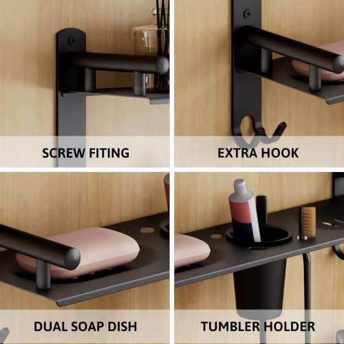 Image of GLOXY Premium Combo Pack of 3 Black Matte Finish Bathroom Shelf Rack - 4 in 1 Stainless Steel Wall Mount Bathroom Soap Rack with Toothbrush Holder - Bathroom Fittings Accessories Set