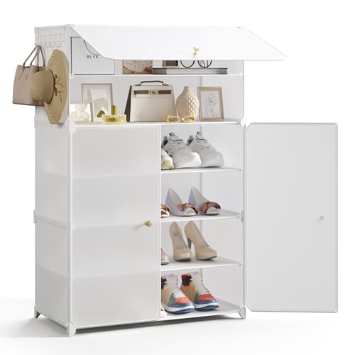 Mondeer Étagère à Chaussures 6 Niveaux, Étagère de Rangement Modulable avec Porte en Plastique, pour Couloir Chambre Salon, 30 x 60 x 108 cm (Blanc)