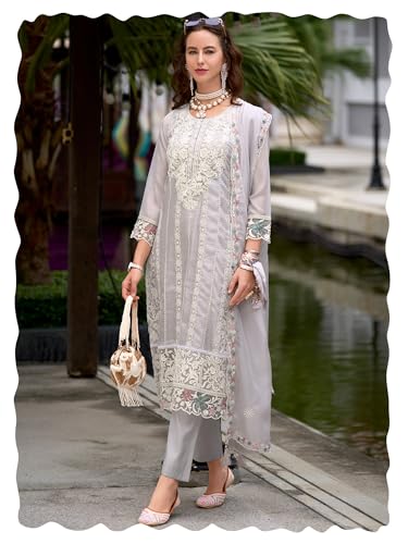 Image of INDO ERA Womens Organza Embroidered Straight Kurta Pant Dupatta Set (IEOUT10618)
