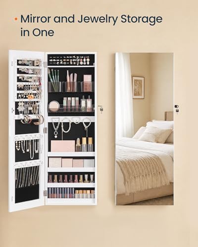 Image of SONGMICS HOME Mirror Jewelry Cabinet, Lockable Hanging Jewelry Organizer with Full-Length Mirror, Door or Wall Mounted Storage Cabinet, White