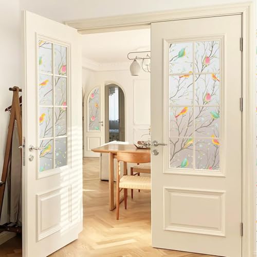 Image of WOO Home Frosted Glass Window Film & Stickers (12 X 60 Inchs) Privacy Window Cover for Home & Office - Easy Apply, UV Protection, Removable Decorative Film (Multi Colour Bird 1 X 5 SQFT)