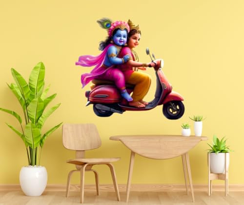 Image of Akki World Shree Krishna With Radha Scooter Rider God Wall Sticker For Pooja Room, Living Room, Bedroom (Size -41Cm X 41Cm)