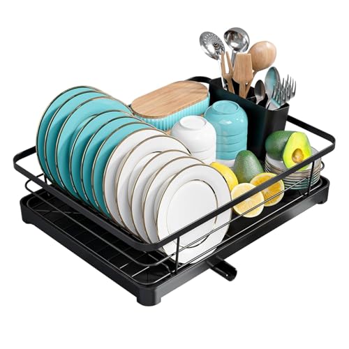 Image of Dish Drying Rack for Daily Indian Cooking | Heavy Steel Plate & Utensil Stand with Drain Tray | Countertop Dish Organizer for Home Kitchens - Black