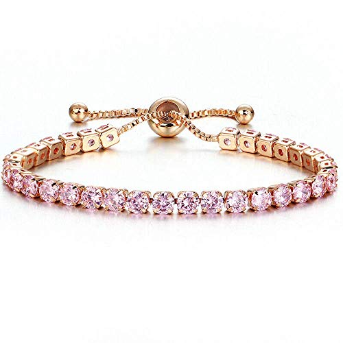 CiNily Adjustable Tennis Bracelets for Women Pink Cubic Zirconia Bracelet 14K Rose Gold Plated Hypoallergenic Slider Bracelet Jewelry Gift