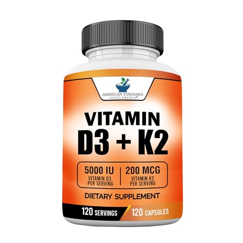 Image of American Standard Supplements Vitamin D3 5000 IU (125mcg) Plus Vitamin K2 (MK7) 200mcg Per Capsule - Gluten Free, Non-GMO, 120 Capsules, 120 Servings, 120 Day Supply
