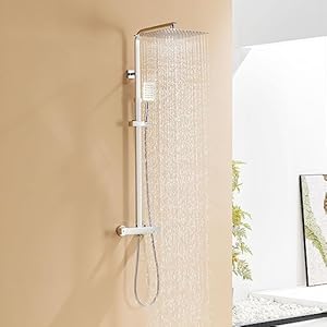 Auralum Douchekolom met thermostaatmengkraan, douchezuil van roestvrij staal, in hoogte verstelbaar, douchemengkraan met douchekop