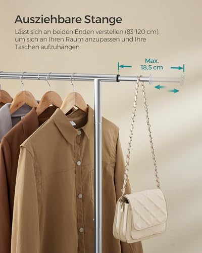 SONGMICS Stand Appendiabiti Con Ruote, Attaccapanni Estensibile in Metallo, Con Ripiano Portaoggetti Rialzato, 40 x (83-120) x 156 cm, Portata Totale 45 kg, Argento HSR134E01