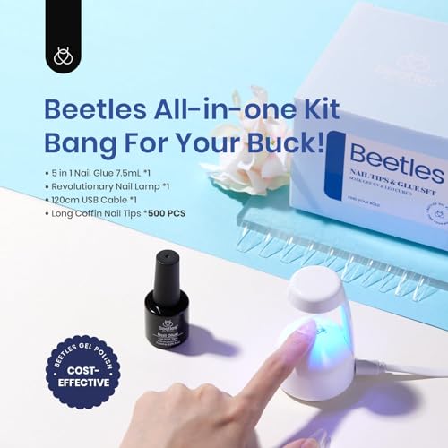 Beetles Nail Tips and Glue Gel Kit, 2 In 1 Nail Glue and Base Gel with 500Pcs Coffin Nails and LED Lamp DIY Nail Art Acrylic Nail Kit Easy Nail Extension Set Gifts for Women Mothers Day