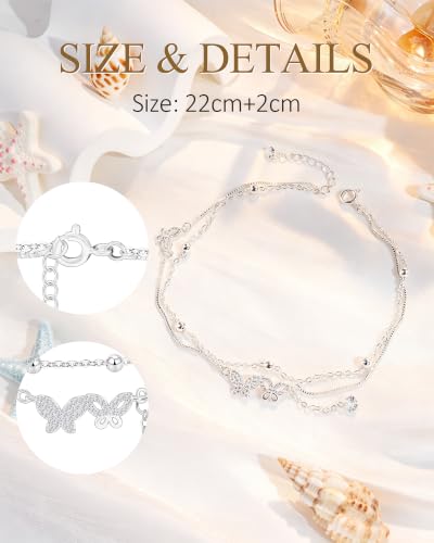 Image of Silver Ankle Bracelets for Women, Butterfly /Stars Cute Charm Anklet, 14K Gold Plated Layered Chain Anklets for Women Teen Girls