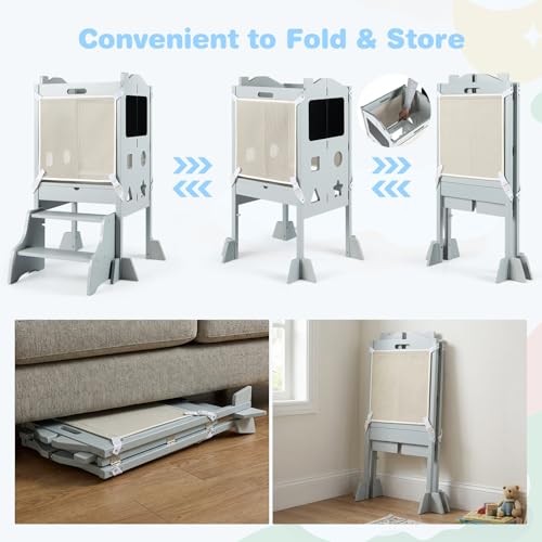 Image of Costzon Folding Toddler Step Stool with Chalkboards, 4-in-1 Standing Kitchen Tower w / 2-Step Stool, Safety Nets & Anti-Tip Feet, Wooden Toddler Tower Foldable for Boys & Girls Aged 2+ (Grey)